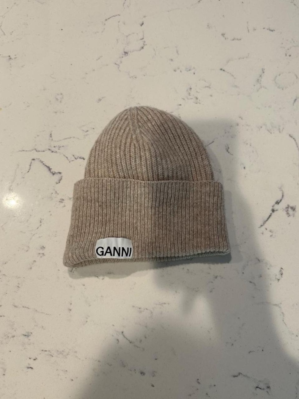 Ganni Ribbed Fold-Over Beanie in Beige Taupe